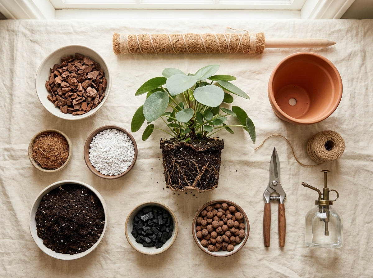 Repotting materials laid out: bark, perlite, coir, potting mix, a terracotta pot, snips and a moss pole